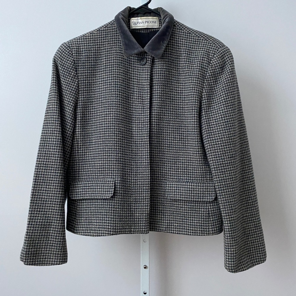 VTG Evan Picone Wool‎ Academia Houndstooth Velvet Collar Jacket 12 Gray